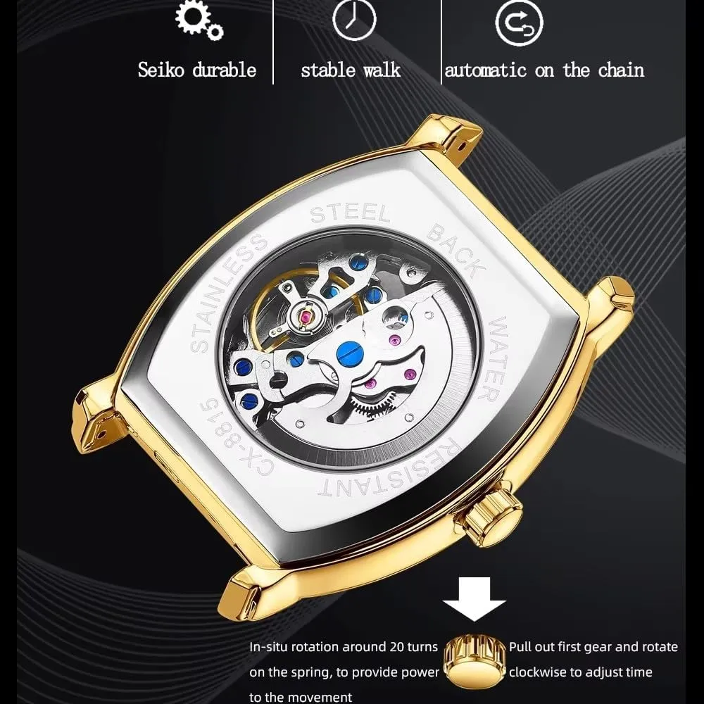 Watch New Barrel Type Automatic Hollow Luminous Waterproof Stainless Steel Golden Watches for declaration Male Men's Mechanical 