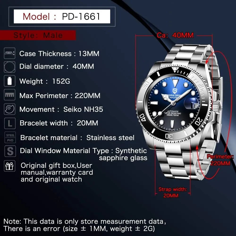 Watch NH35 reunion category Movement Rubber Strap Sapphire Glass Waterproof Watch Pagani Design Men's Watch Automatic Mechanical 