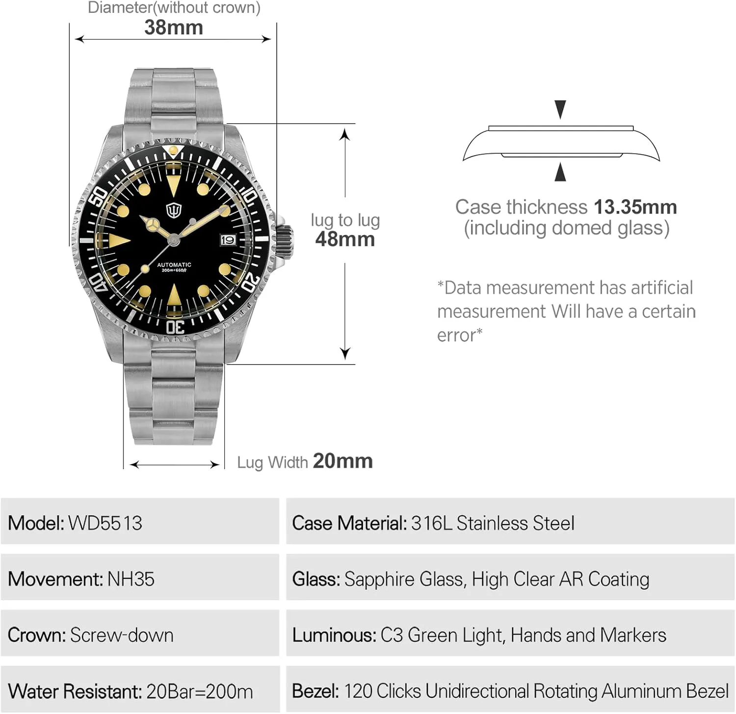 Watch NH35/NH38 adventitious laundry spacecraft Movement Wristwatch 200m Waterproof Watches watchdives Automatic Watches for Men, WD5513 Vintage Sub Dive Watch 38mm Sapphire Crystal 