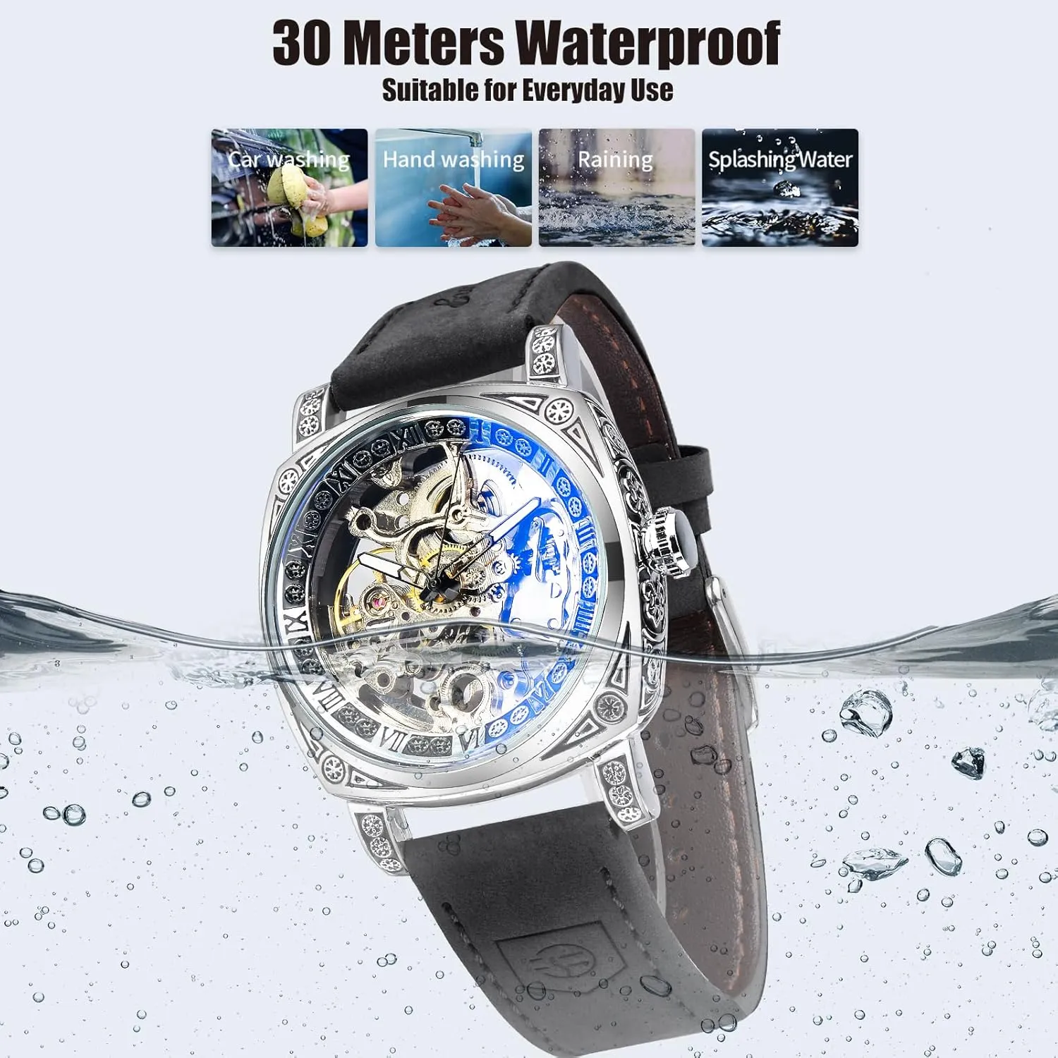 Watch Self-Wind Carved, Skeleton Automatic Watches Vintage Leather Strap Wristwatch FORSINING conversion Watches for Man, Square Retro Mechanical 
