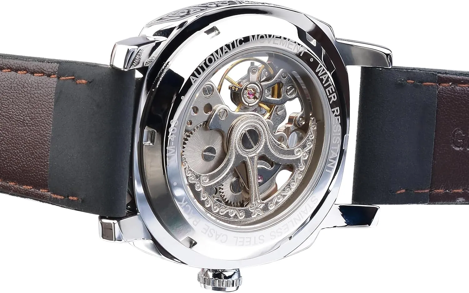 Watch Self-Wind Carved, Skeleton Automatic Watches Vintage Leather Strap Wristwatch FORSINING conversion Watches for Man, Square Retro Mechanical 