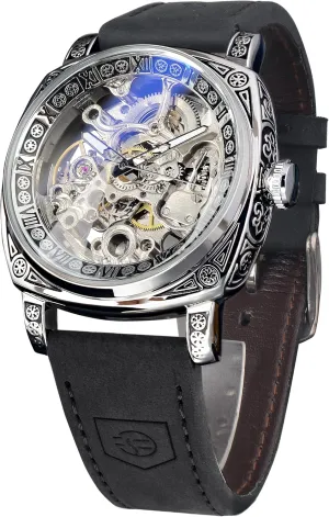 Watch Self-Wind Carved, Skeleton Automatic Watches Vintage Leather Strap Wristwatch FORSINING conversion Watches for Man, Square Retro Mechanical 