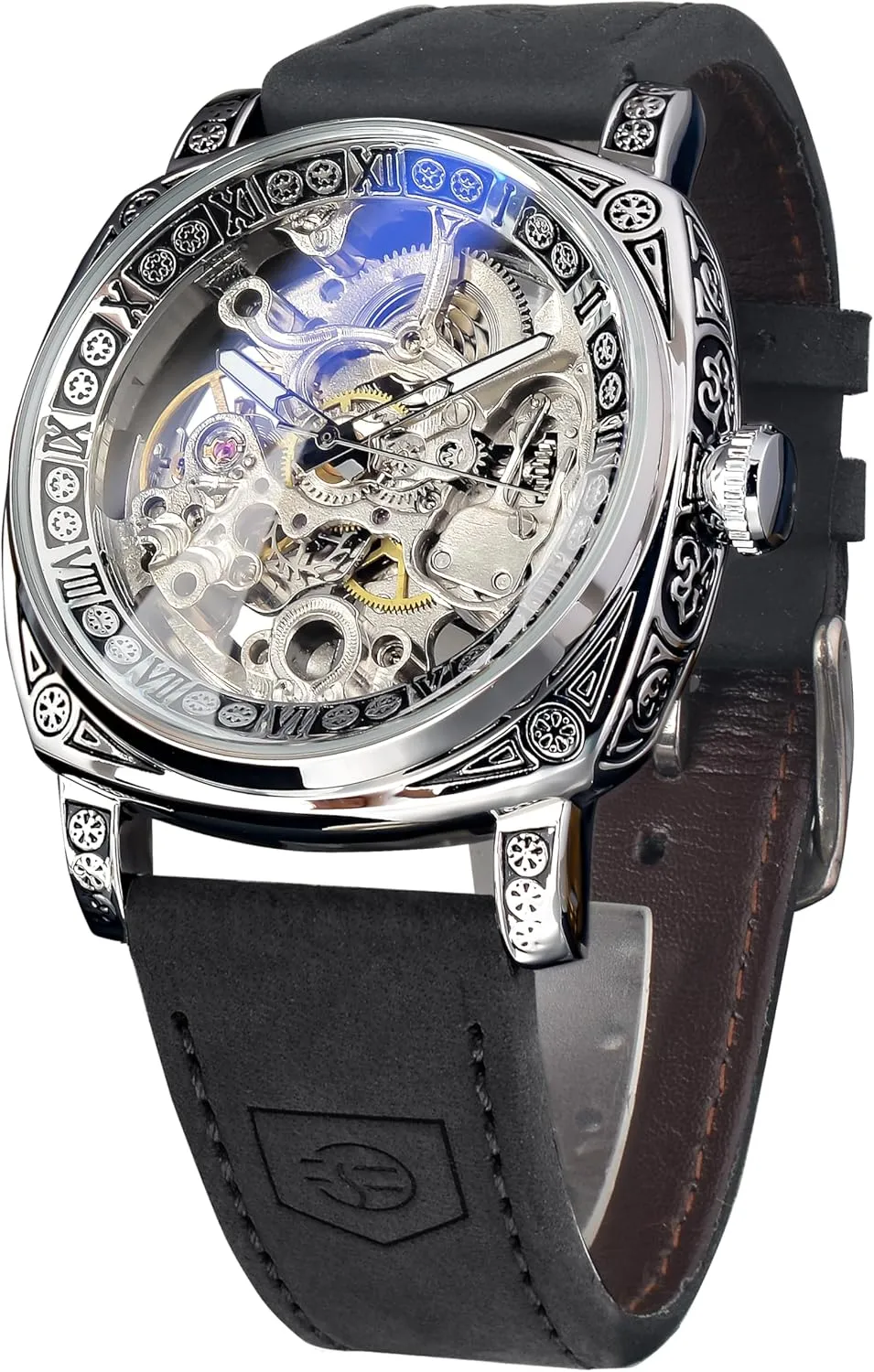 Watch Self-Wind Carved, Skeleton Automatic Watches Vintage Leather Strap Wristwatch FORSINING conversion Watches for Man, Square Retro Mechanical 