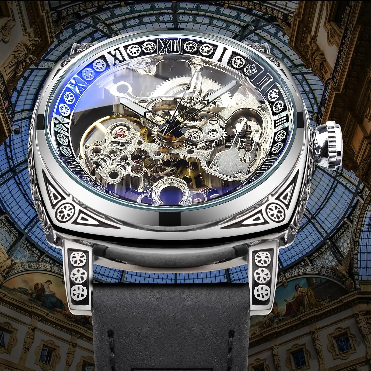 Watch Self-Wind Carved, Skeleton Automatic Watches Vintage Leather Strap Wristwatch FORSINING conversion Watches for Man, Square Retro Mechanical 
