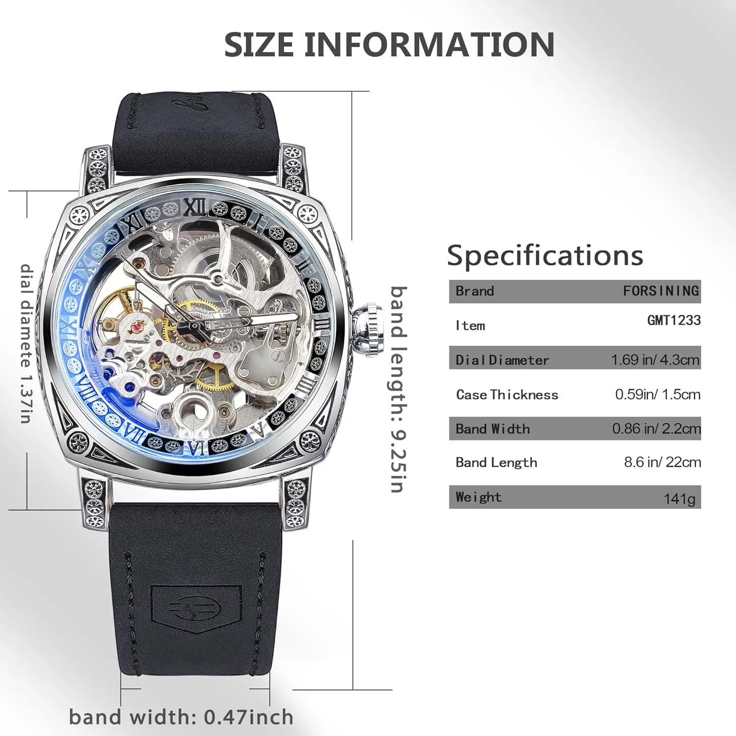 Watch Self-Wind Carved, Skeleton Automatic Watches Vintage Leather Strap Wristwatch FORSINING conversion Watches for Man, Square Retro Mechanical 