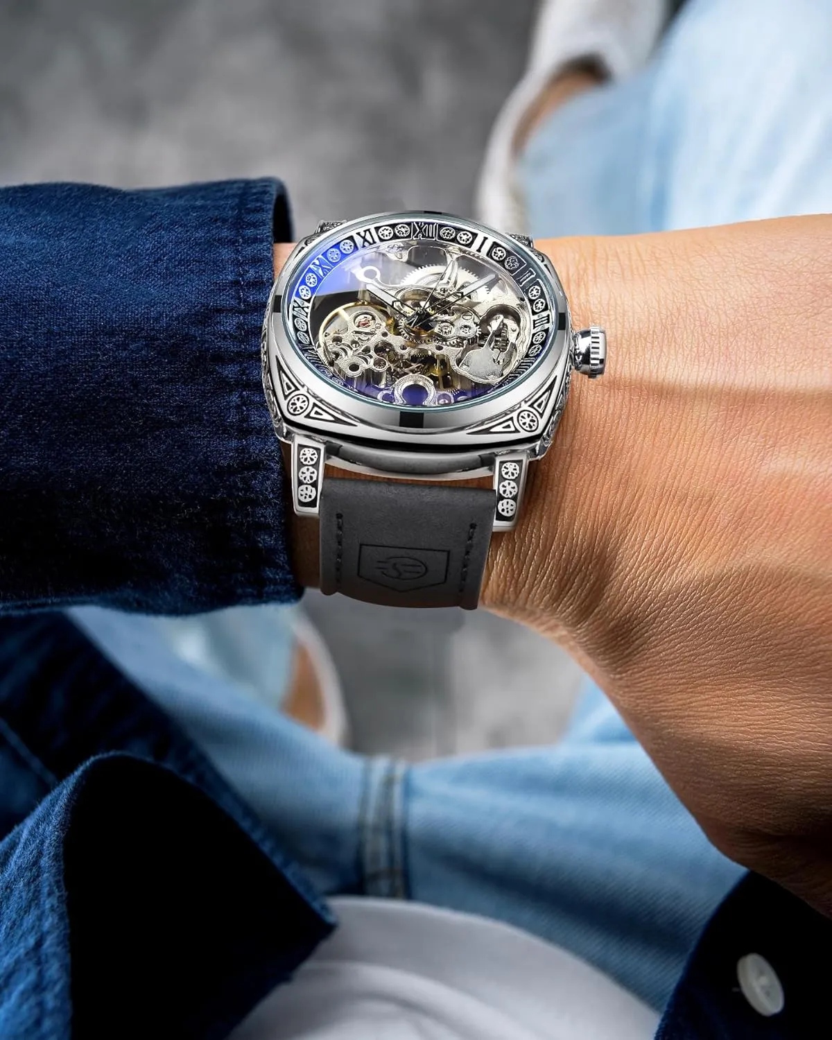 Watch Self-Wind Carved, Skeleton Automatic Watches Vintage Leather Strap Wristwatch FORSINING conversion Watches for Man, Square Retro Mechanical 