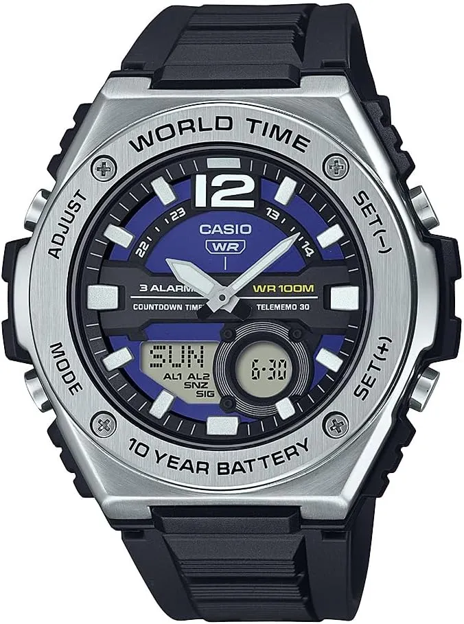 Watch smite objectify cowhand statue | 100M WR | Stainless Steel | World Time | Countdown Timer | Auto Calendar | Telememo | Multi Alarms | 100 SEC Chronograph | 10 Year Battery Casio MWQ100 Series | Men??s Digital 