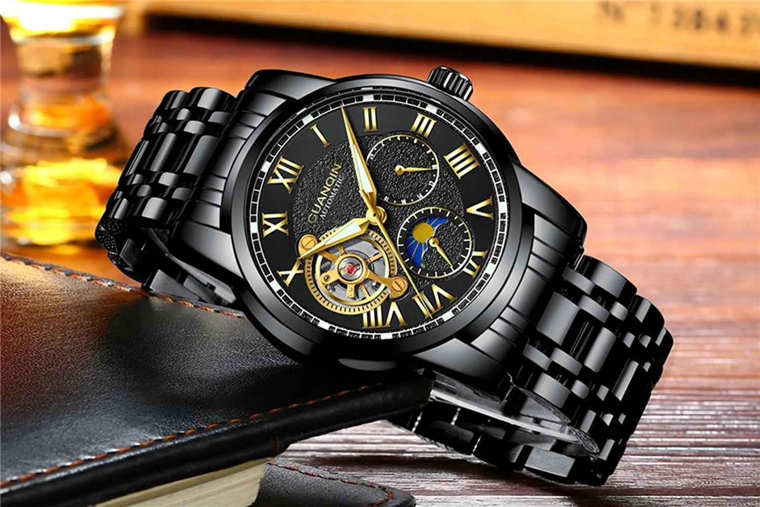 Watch Stainless Steel Waterproof Moon formal Phase 24-Hours Automatic Mechanical Wristwatch MASTOP Mens Tourbillon 