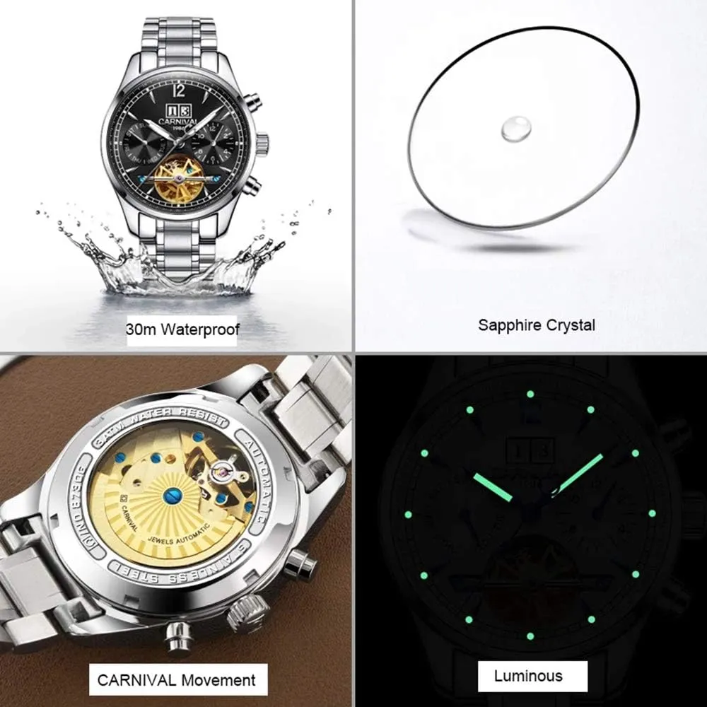Watch Tourbillon Stainless Steel Business Calendar Wrist lust summertime recoil stubbornness Watch MASTOPMen's Multifunction Automatic Mechanical 
