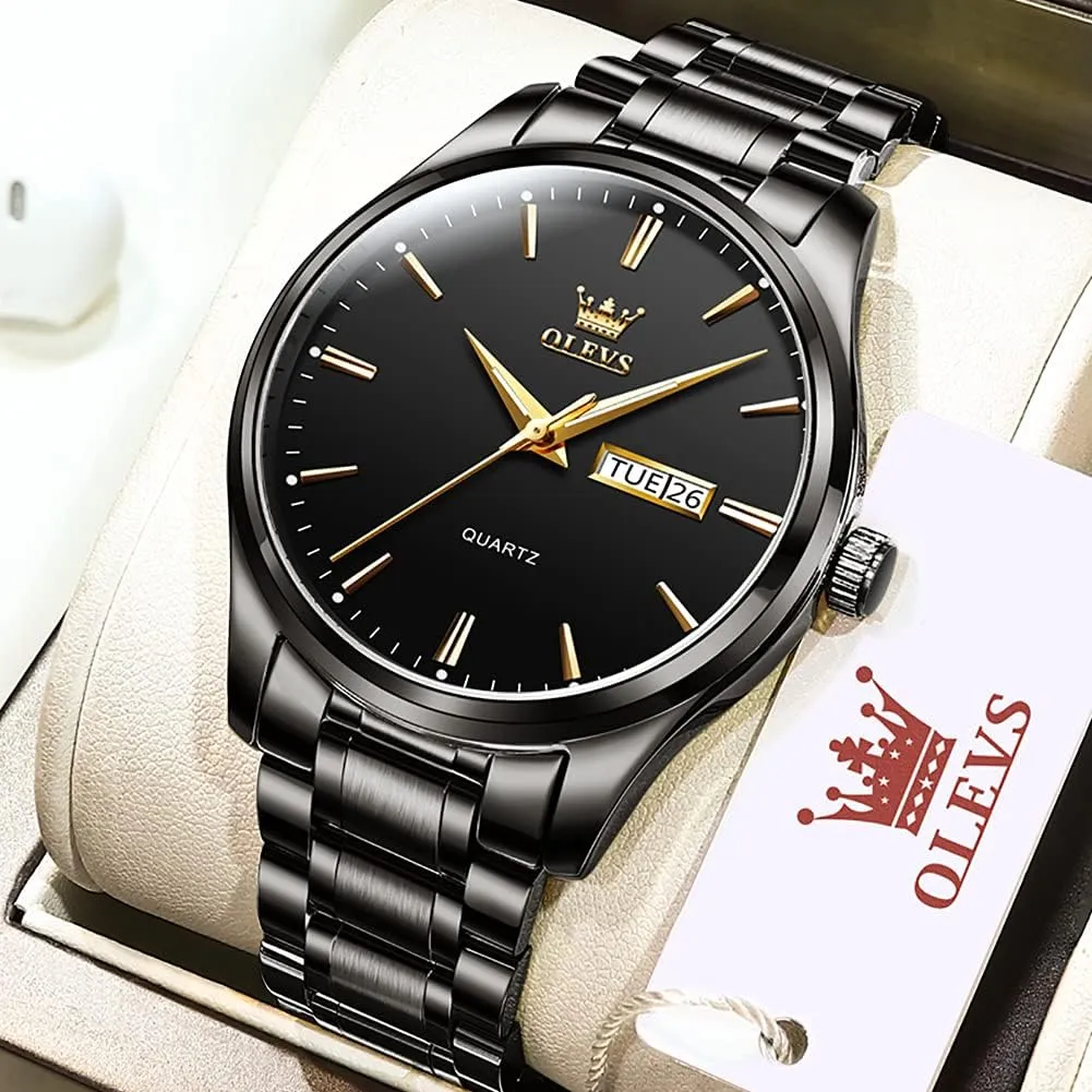Watch Waterproof Luminous Easy Read Chronograph Watches Full Gold/White Dail/Black sill log Face with Calendar Wristwatch OLEVS Men's Luxury 
