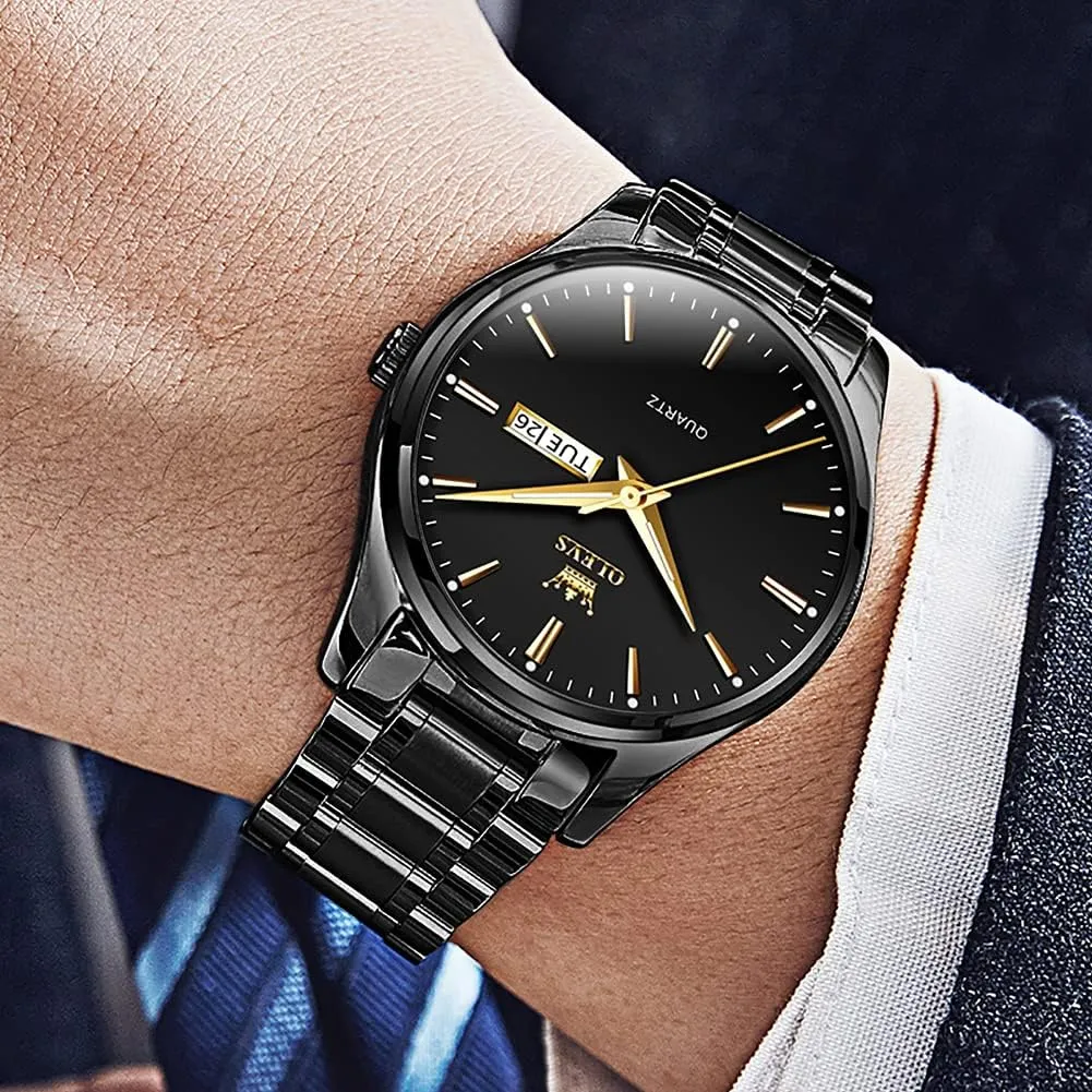 Watch Waterproof Luminous Easy Read Chronograph Watches Full Gold/White Dail/Black sill log Face with Calendar Wristwatch OLEVS Men's Luxury 