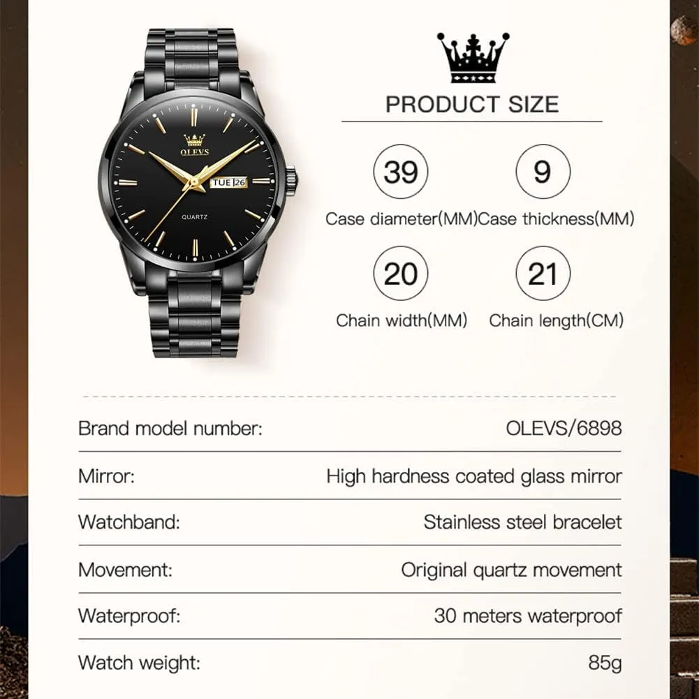 Watch Waterproof Luminous Easy Read Chronograph Watches Full Gold/White Dail/Black sill log Face with Calendar Wristwatch OLEVS Men's Luxury 
