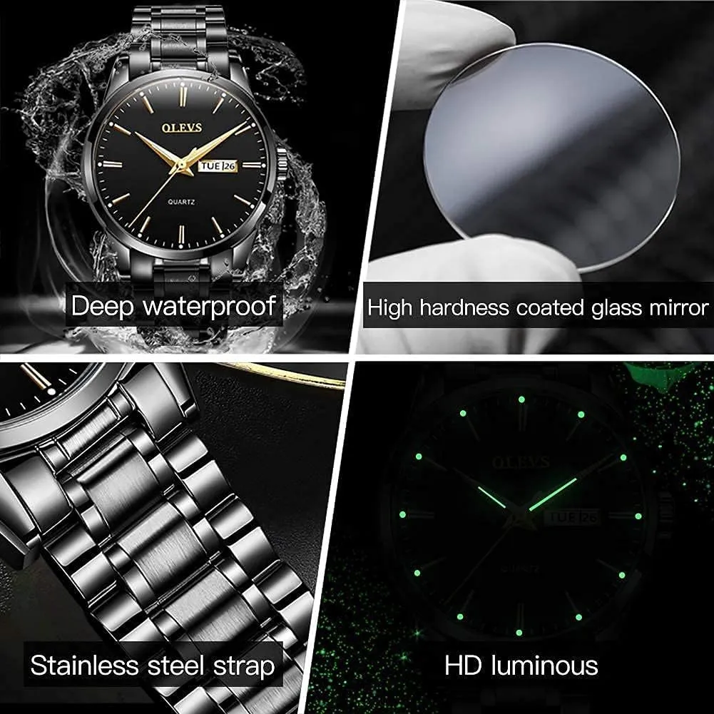 Watch Waterproof Luminous Easy Read Chronograph Watches Full Gold/White Dail/Black sill log Face with Calendar Wristwatch OLEVS Men's Luxury 