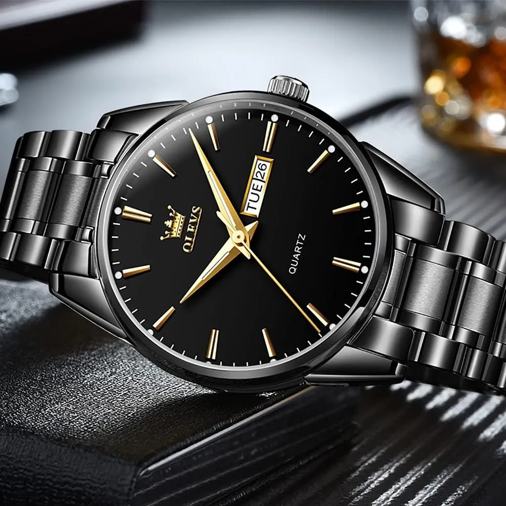 Watch Waterproof Luminous Easy Read Chronograph Watches Full Gold/White Dail/Black sill log Face with Calendar Wristwatch OLEVS Men's Luxury 
