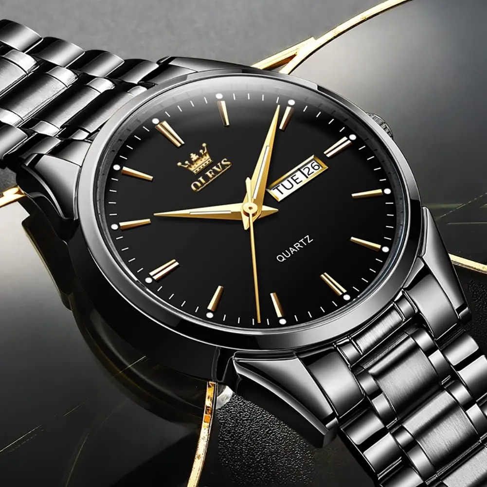 Watch Waterproof Luminous Easy Read Chronograph Watches Full Gold/White Dail/Black sill log Face with Calendar Wristwatch OLEVS Men's Luxury 