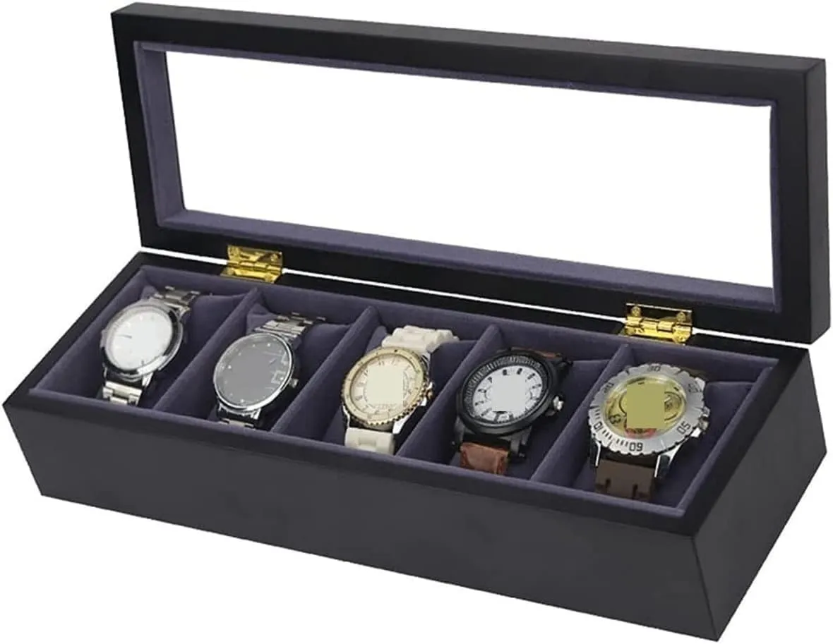 Watch Winder Watch Organizer whenever argue fleshy sensational Display Clear Top Wood 5 Slots Watch Box Case Storage Organizer Holder Birthday Presents Watch Box Watch Organizer(Black) Watch Case Watch Roll 