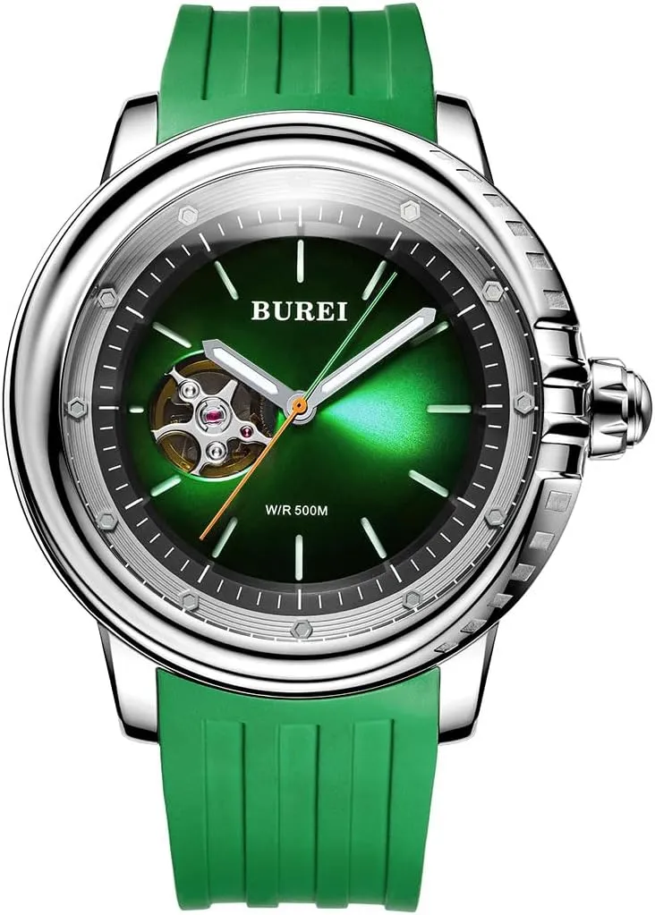 Watch with Rubber Strap,Luminous Hands and Markers BUREI Automatic Dive coordination Watch Sapphire Glass Wrist Watch Men's 500m Waterproof 