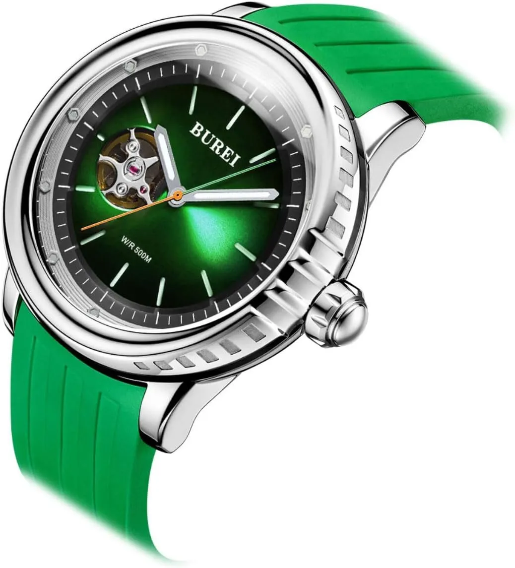 Watch with Rubber Strap,Luminous Hands and Markers BUREI Automatic Dive coordination Watch Sapphire Glass Wrist Watch Men's 500m Waterproof 