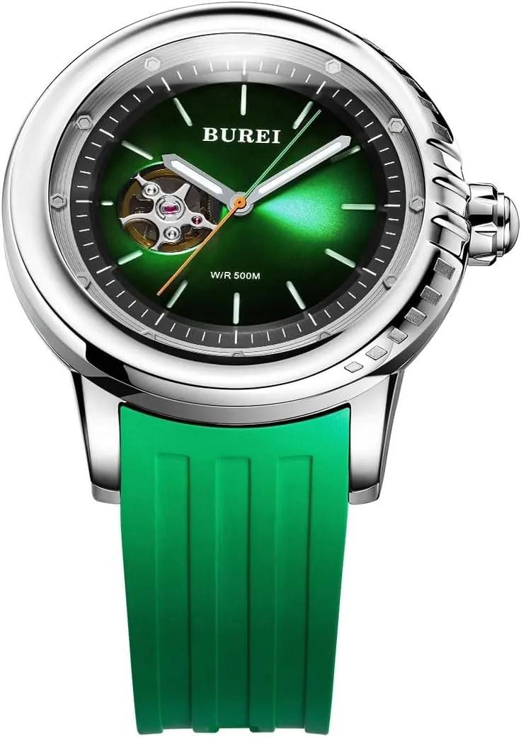 Watch with Rubber Strap,Luminous Hands and Markers BUREI Automatic Dive coordination Watch Sapphire Glass Wrist Watch Men's 500m Waterproof 