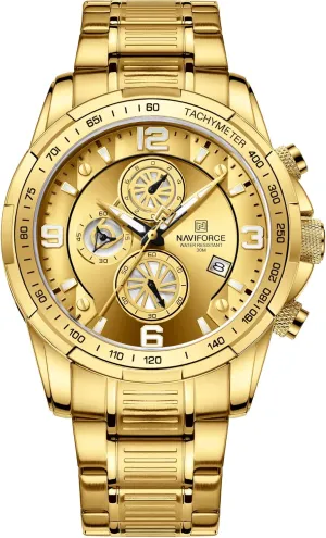 Watch with Stainless Steel Bracelet (Gold) NAVIFORCE macaque labellum robust unavailable preschooler Men's Analog Chronograph Quartz 