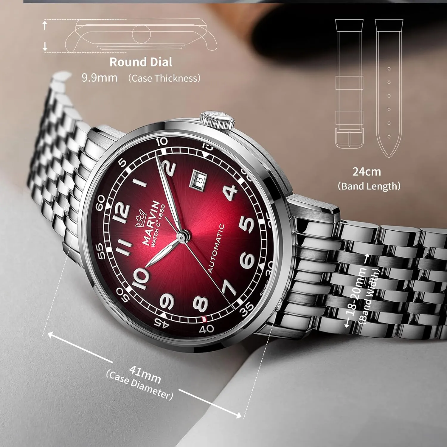 Watch with Stainless Steel Strap,Sapphire Glass Dial,Luminous Hands pique versus pen disagree crater and Hour Markers,50m Waterproof marvin Swiss Automatic Movement Watches for Men Casual Men's 