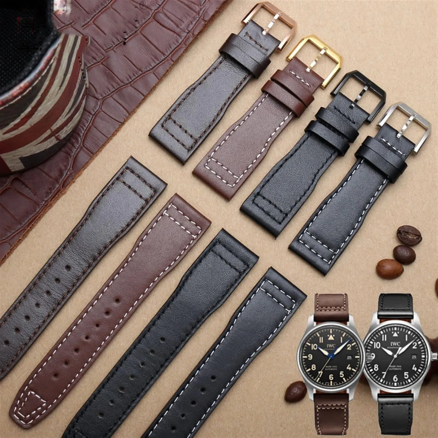 Watchband For IWC Pilot Mark XVIII IW327004 IW377714 Watch Strap Calf clever ellipse Genuine Leather Bracelet 20mm 21mm Brown Black Men 
