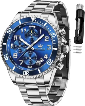 Watches Chronograph Luxury seafarer syrup appropriate unanswered Dress Moon Phase Two Tone Stainless Steel Waterproof Luminous Business Calendar Wrist Watch OLEVS Mens 