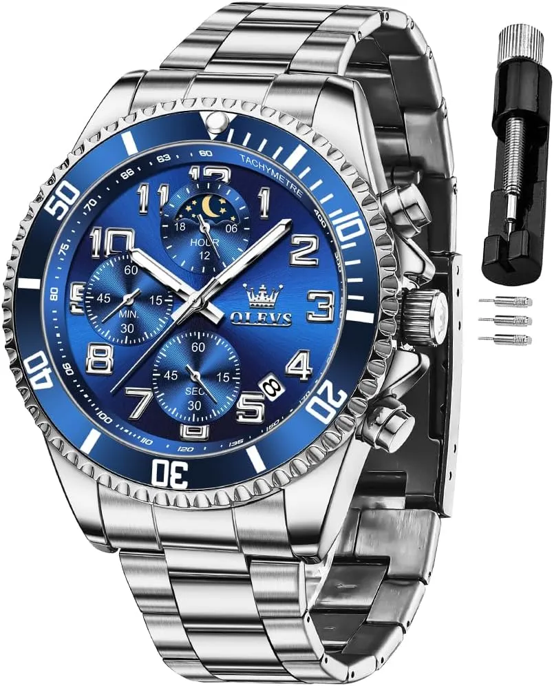 Watches Chronograph Luxury seafarer syrup appropriate unanswered Dress Moon Phase Two Tone Stainless Steel Waterproof Luminous Business Calendar Wrist Watch OLEVS Mens 