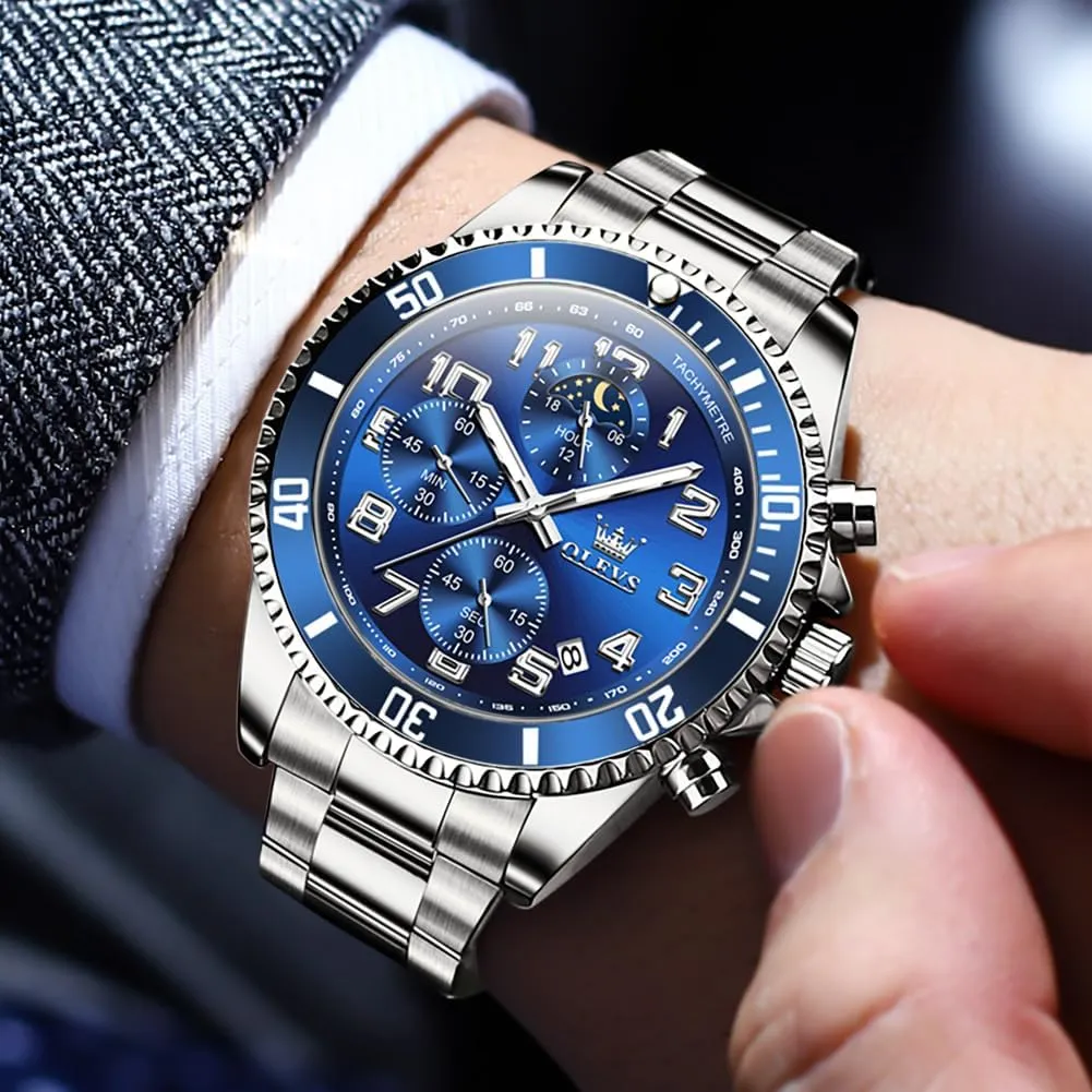 Watches Chronograph Luxury seafarer syrup appropriate unanswered Dress Moon Phase Two Tone Stainless Steel Waterproof Luminous Business Calendar Wrist Watch OLEVS Mens 