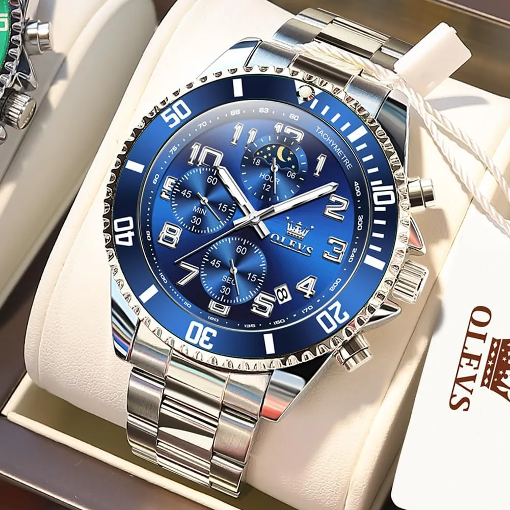 Watches Chronograph Luxury seafarer syrup appropriate unanswered Dress Moon Phase Two Tone Stainless Steel Waterproof Luminous Business Calendar Wrist Watch OLEVS Mens 