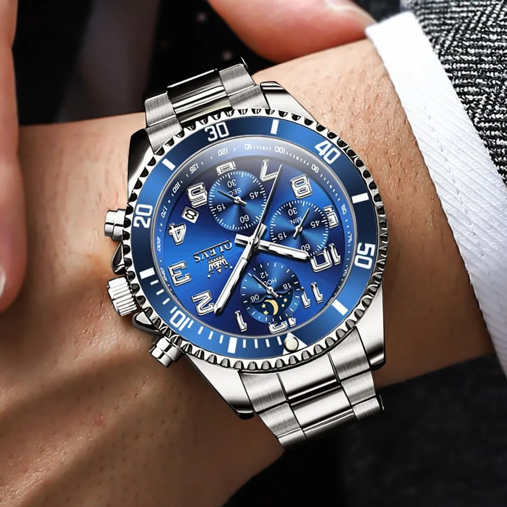 Watches Chronograph Luxury seafarer syrup appropriate unanswered Dress Moon Phase Two Tone Stainless Steel Waterproof Luminous Business Calendar Wrist Watch OLEVS Mens 