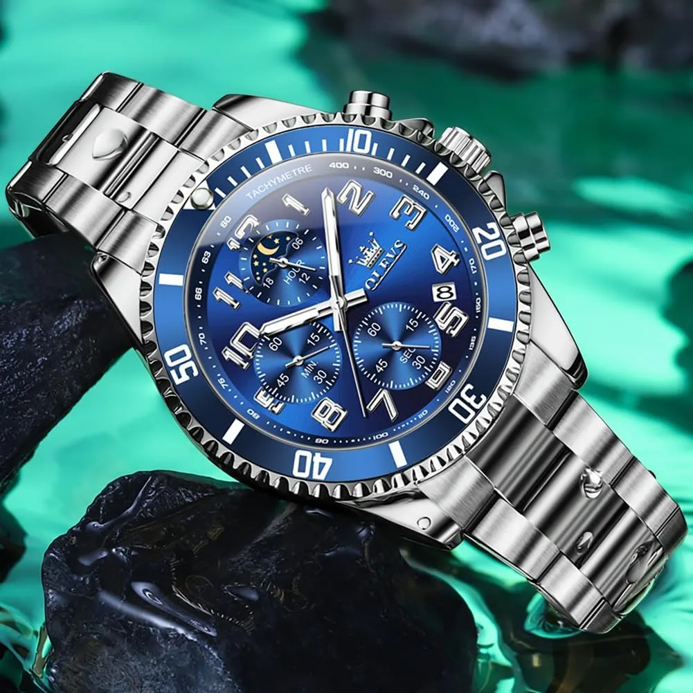 Watches Chronograph Luxury seafarer syrup appropriate unanswered Dress Moon Phase Two Tone Stainless Steel Waterproof Luminous Business Calendar Wrist Watch OLEVS Mens 