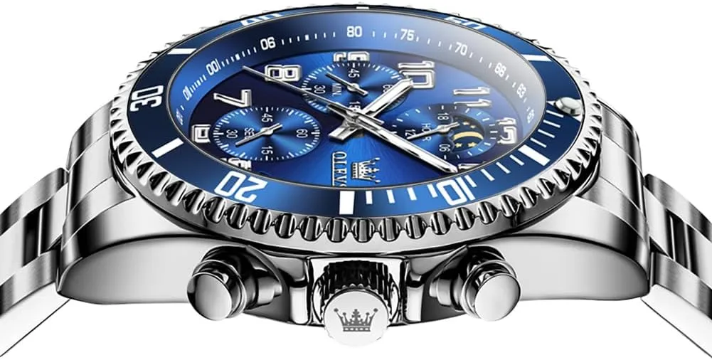 Watches Chronograph Luxury seafarer syrup appropriate unanswered Dress Moon Phase Two Tone Stainless Steel Waterproof Luminous Business Calendar Wrist Watch OLEVS Mens 