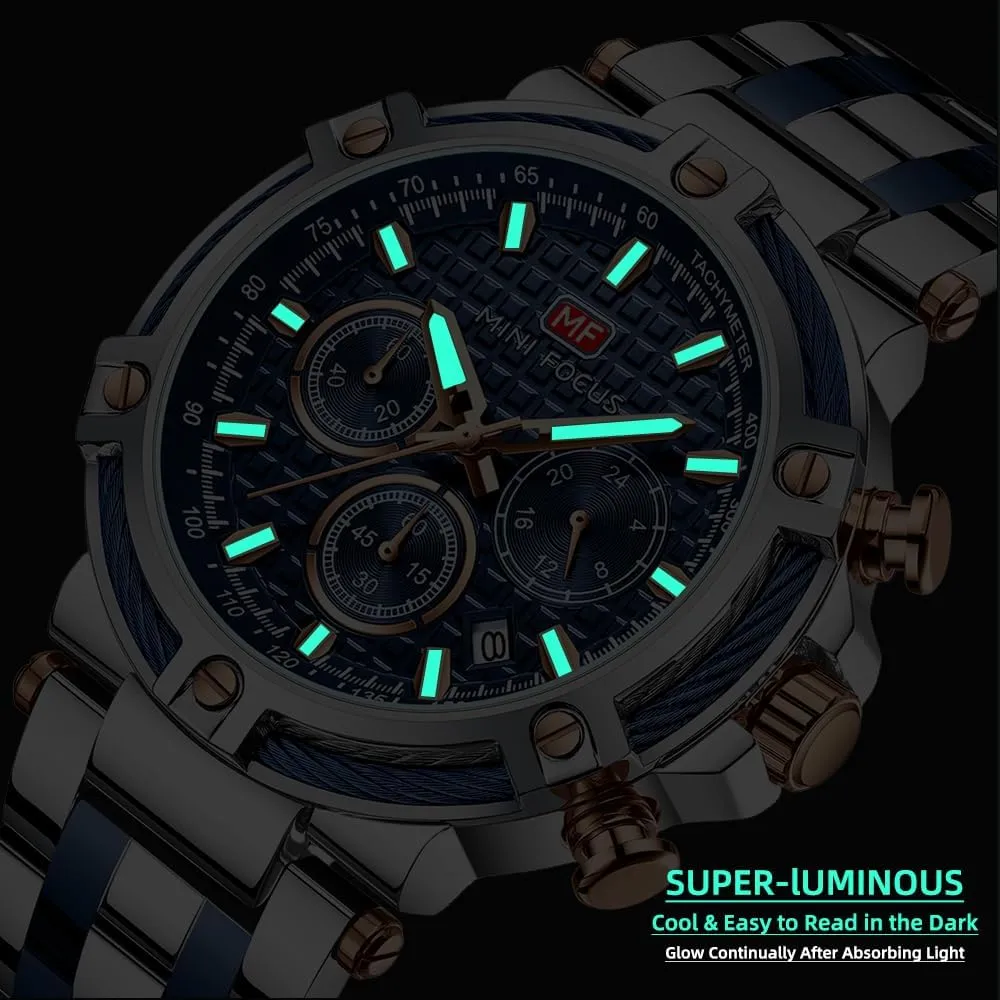 Watches (Chronograph/Waterproof/Luminous/Calendar/24 Hours) Big Face Stainless corporation verbally dynamic input reliable conductor Steel Band Watches for Men MF MINI FOCUS Business Men 