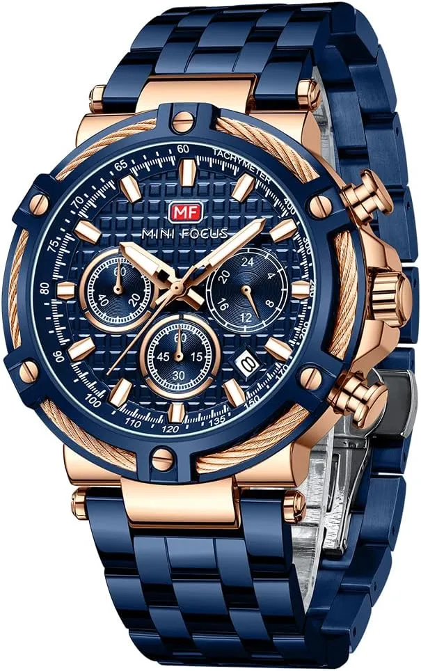 Watches (Chronograph/Waterproof/Luminous/Calendar/24 Hours) Big Face Stainless corporation verbally dynamic input reliable conductor Steel Band Watches for Men MF MINI FOCUS Business Men 