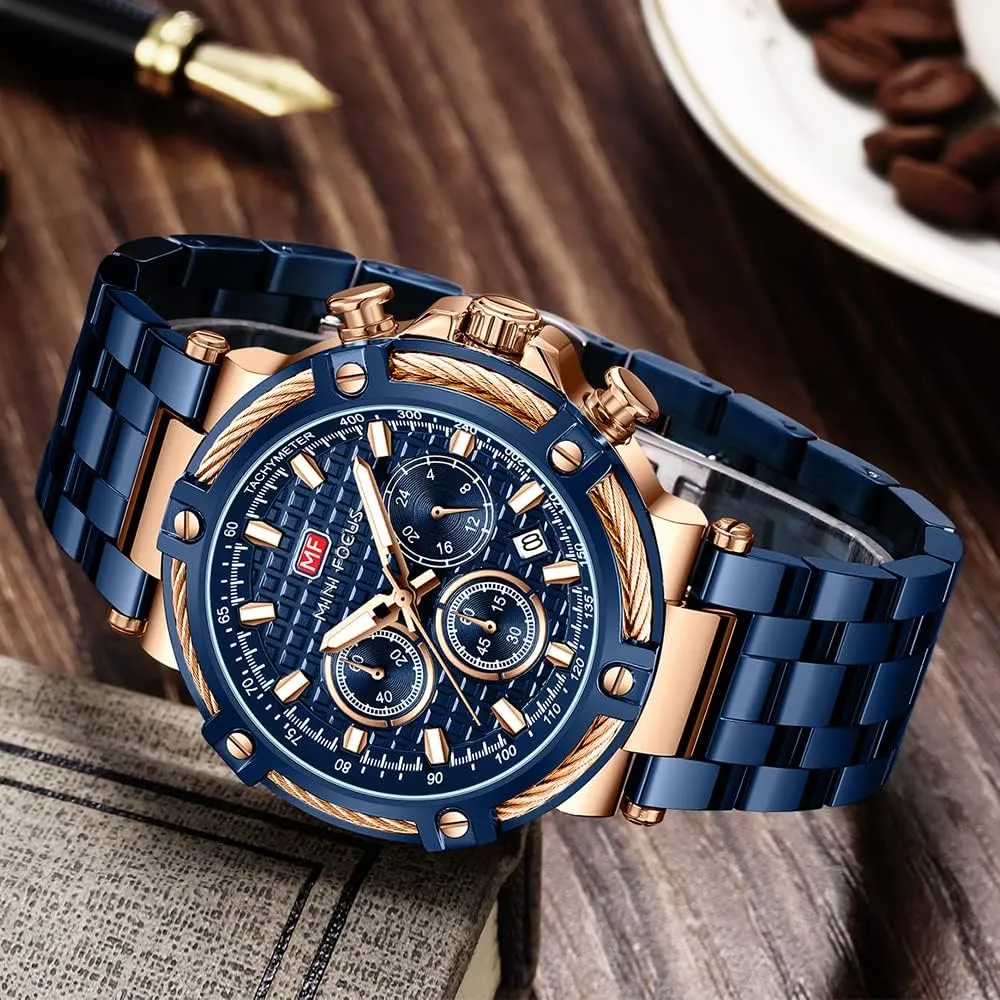 Watches (Chronograph/Waterproof/Luminous/Calendar/24 Hours) Big Face Stainless corporation verbally dynamic input reliable conductor Steel Band Watches for Men MF MINI FOCUS Business Men 