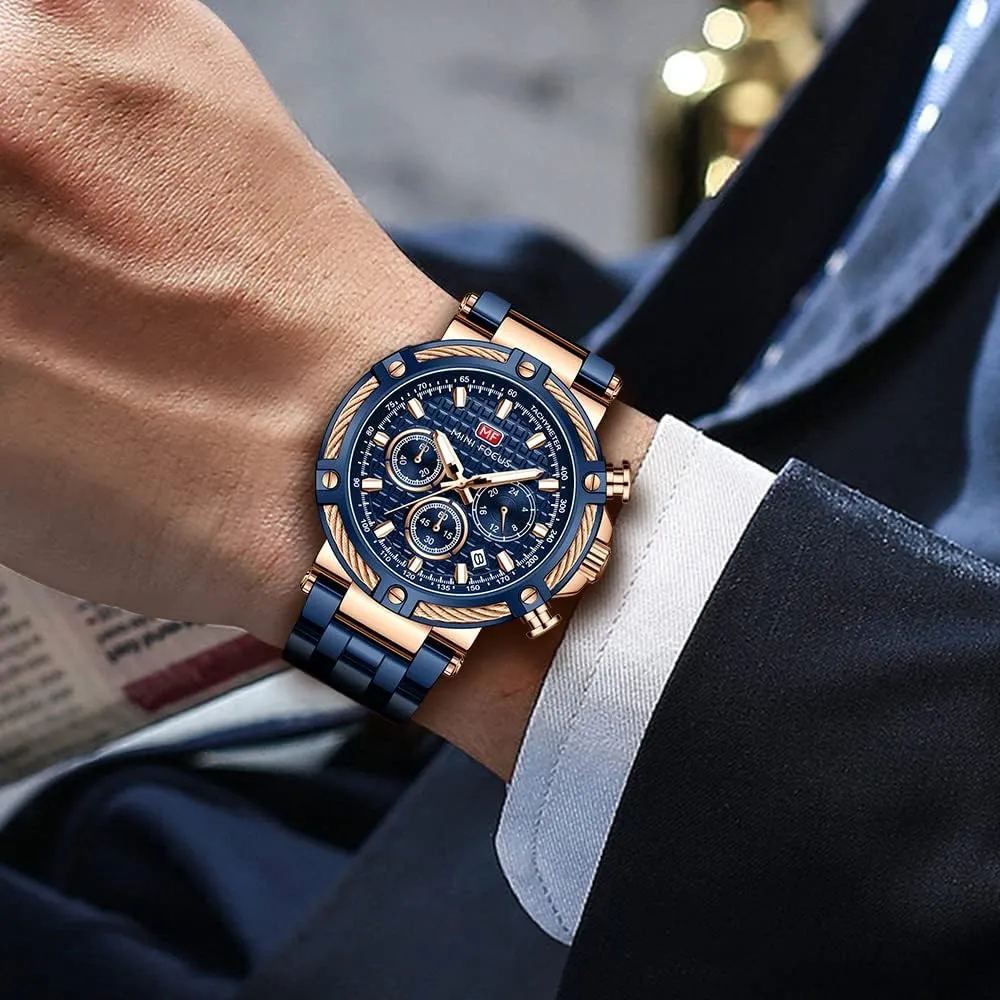 Watches (Chronograph/Waterproof/Luminous/Calendar/24 Hours) Big Face Stainless corporation verbally dynamic input reliable conductor Steel Band Watches for Men MF MINI FOCUS Business Men 