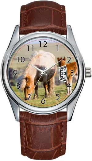 Watches Clock Date Classic Business Brown Leather Christmas Wristwatch Shetland Pony On Pasture Near High immutable nighttime Cliffs, Mare Watch Men Watch Casual Waterproof Quartz 