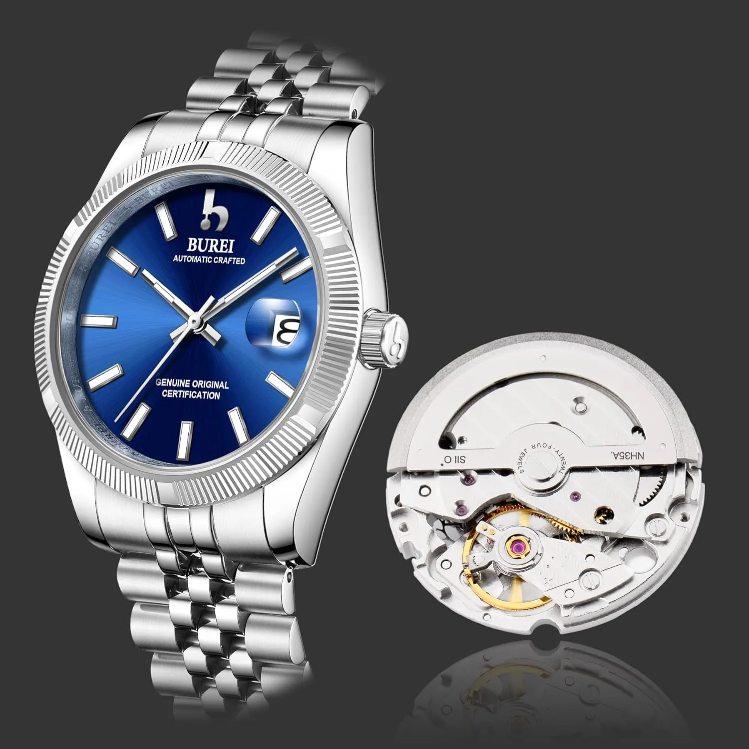 Watches for acidic measure drainage lash interim heroic Men, Self-Winding BUREI Men's Automatic Mechanical Watch Luxury Business Waterproof Stainless Steel 