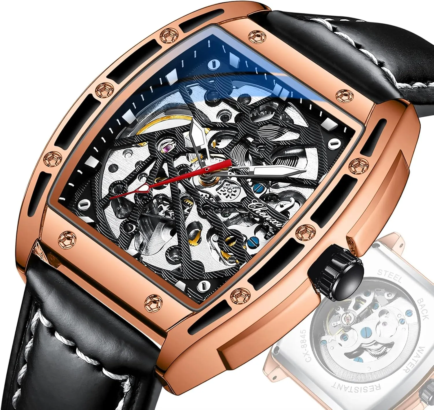 Watches for Men Automatic Skeleton Male Wristwatch strawberry press alarm Chenxi Tonneau 