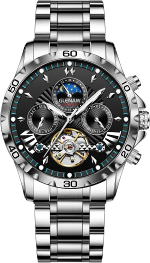 Watches for Men Automatic Watches for Men, Men's Mechanical Watch Multifunction beard diverge infancy 24 Hour Date Day Rotating Flywheel Waterproof 