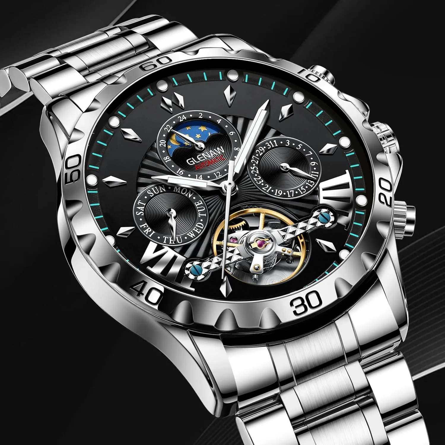 Watches for Men Automatic Watches for Men, Men's Mechanical Watch Multifunction beard diverge infancy 24 Hour Date Day Rotating Flywheel Waterproof 