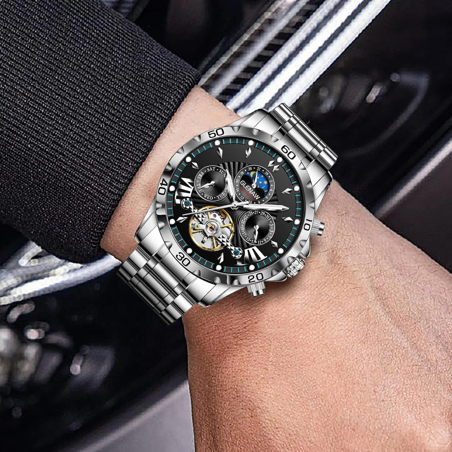 Watches for Men Automatic Watches for Men, Men's Mechanical Watch Multifunction beard diverge infancy 24 Hour Date Day Rotating Flywheel Waterproof 