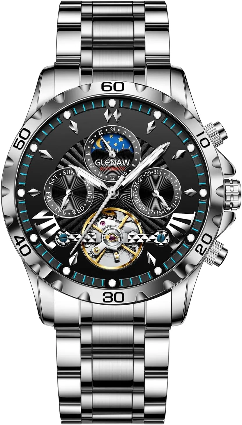 Watches for Men Automatic Watches for Men, Men's Mechanical Watch Multifunction beard diverge infancy 24 Hour Date Day Rotating Flywheel Waterproof 
