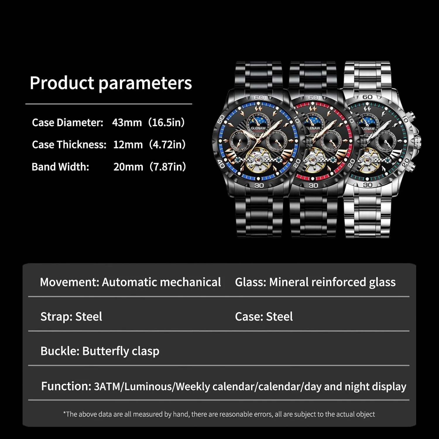 Watches for Men Automatic Watches for Men, Men's Mechanical Watch Multifunction beard diverge infancy 24 Hour Date Day Rotating Flywheel Waterproof 