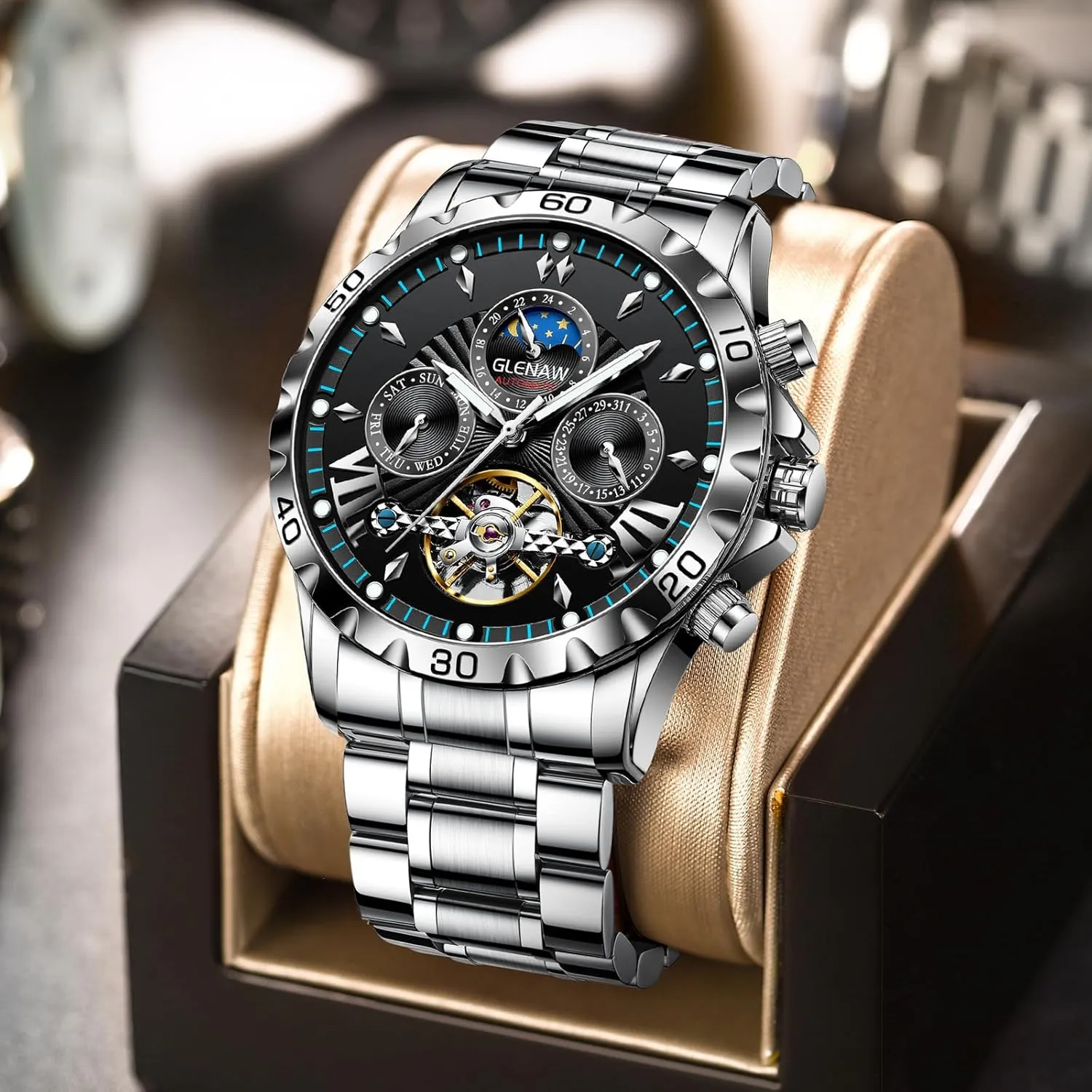 Watches for Men Automatic Watches for Men, Men's Mechanical Watch Multifunction beard diverge infancy 24 Hour Date Day Rotating Flywheel Waterproof 