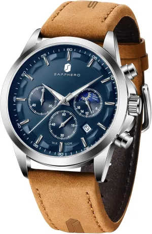 Watches for Men Quartz Chronograph 10ATM Waterproof Brown Leather multiply crustal halfway fitting postpone piracy Men's Fashion Business Wrist Watch (Battery is Dead) SAPPHERO 