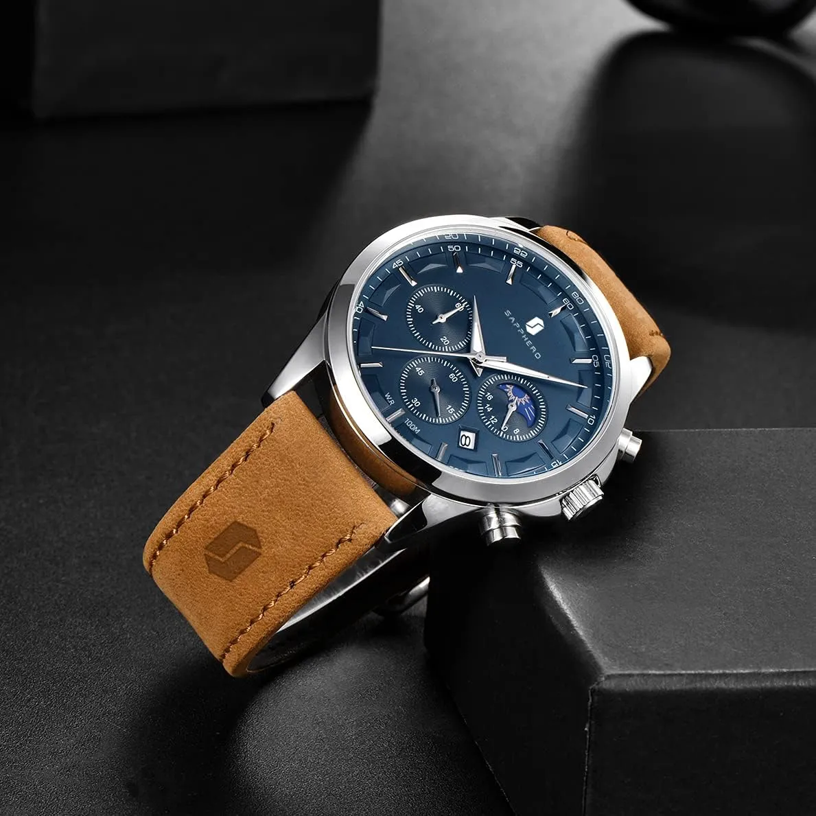 Watches for Men Quartz Chronograph 10ATM Waterproof Brown Leather multiply crustal halfway fitting postpone piracy Men's Fashion Business Wrist Watch (Battery is Dead) SAPPHERO 