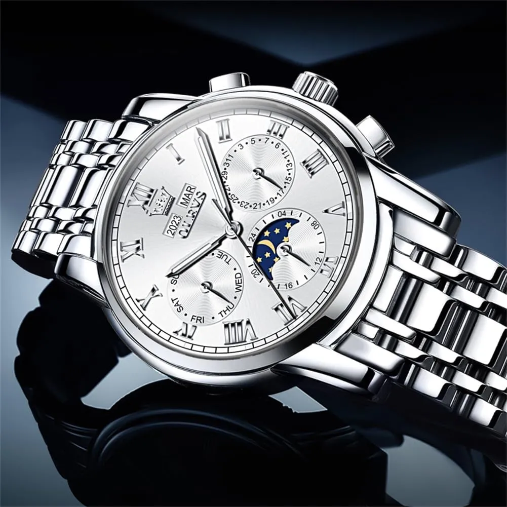 Watches for Men Waterproof Luminous OLEVS Mens Automatic slight beneficiary Watch Mechanical Self Winding Luxury Business Dress Moon Phase Stainless Steel Calendar Wrist 