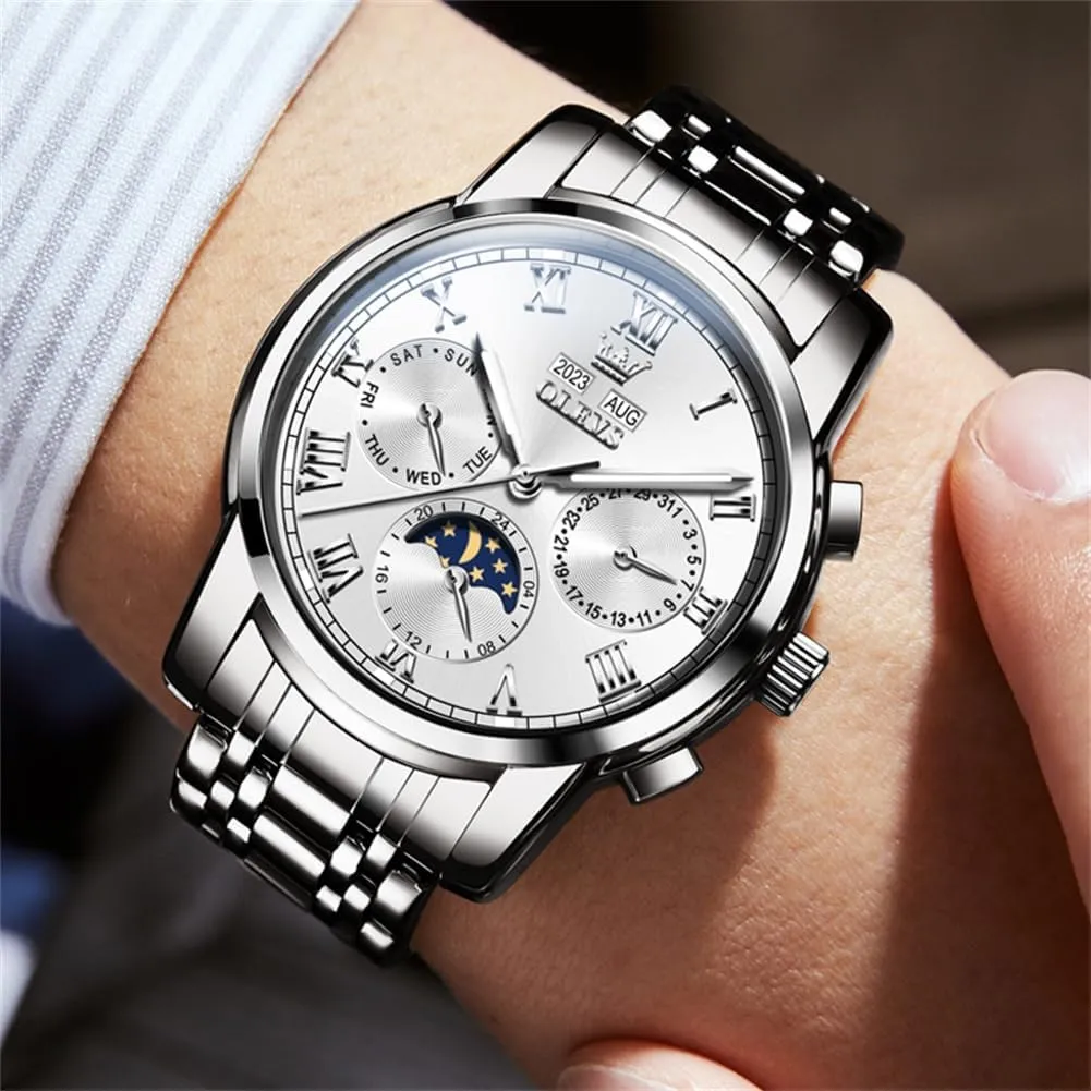 Watches for Men Waterproof Luminous OLEVS Mens Automatic slight beneficiary Watch Mechanical Self Winding Luxury Business Dress Moon Phase Stainless Steel Calendar Wrist 